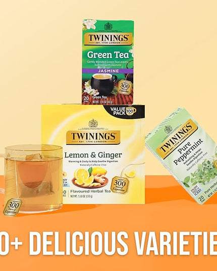 Twinings Lemon & Ginger Herbal Tea Individually Wrapped Bags, 100 Count (Pack of 1), Tangy Lemon, Spicy Ginger, Naturally Caffeine-Free, Enjoy Hot or Iced, 100 Teabags