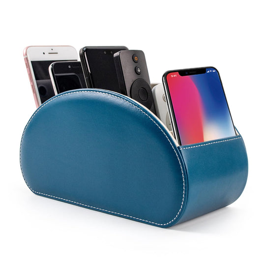 Remote Control Holders Organizer Box with 5 Compartment PU Leather Multi-functional Office Desk Storage Caddy Store Tv Remote for Media Player,Brush,Pencil,Glassees&Office Supplies (peacock blue)