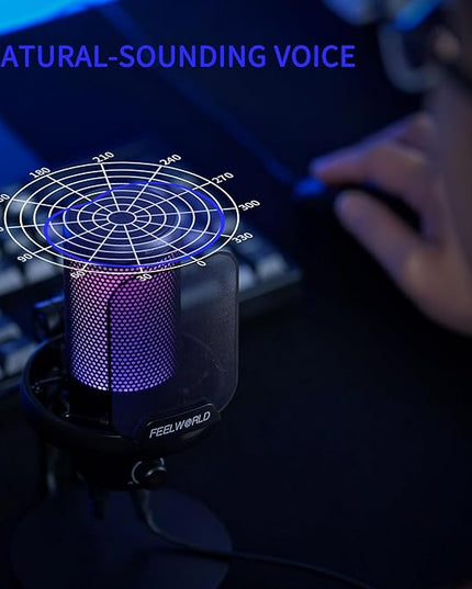FEELWORLD VM1 Gaming PC USB Microphone Condenser Mic with Noise Cancellation Mute RGB Light, Computer Accessories Gifts for Gamer YouTube Twitch Podcast Streaming Recording Online Chat PS4 PS5