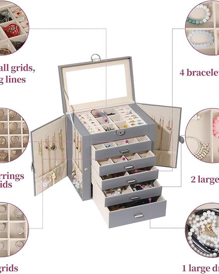 BOOVO Jewelry Box For women, 6 Layer Large Jewelry Organizer With Mirror, Multi-Function Storage Box With Lock, Accessory Holder With 5 Drawers, For Earrings Necklace Ring Bracelet (Gray)
