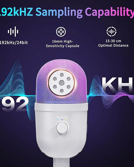 USB Microphone for PC - Computer Gaming Mic with RGB Lighting for PS4&5,Dual Audio Mixing,Mute,Headphone Output,192KHz/24Bit Hi-Fi Condenser Microphone for Streaming,Singing,Podcast-White