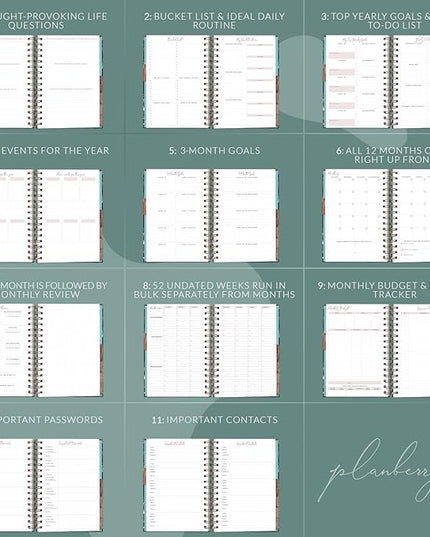 PLANBERRY Hourly Schedule Planner Premium – Undated Weekly Organizer with Time Slots & Monthly Budget – Time Management, Goal Setting, to-Do List & Habit Tracker –6.9″x8.5″(Green Pastures)