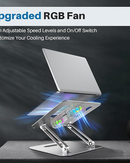 Adjustable Laptop Cooling Stand with 2 Quiet Fans & RGB Lighting, Aluminum Alloy & Foldable Ergonomic Design for MacBook, Lenovo, ASUS, Dell 10-16 Inch, Perfect for Gaming, DJ, Office - Silver