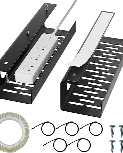 Self-Adhesive Under Desk Cable Management Tray 2 Pcs Steel Under Desk Wires Organizer Power Strip Management No Drill Under Table Organizer for Cable Storage Holder for Office Home Table