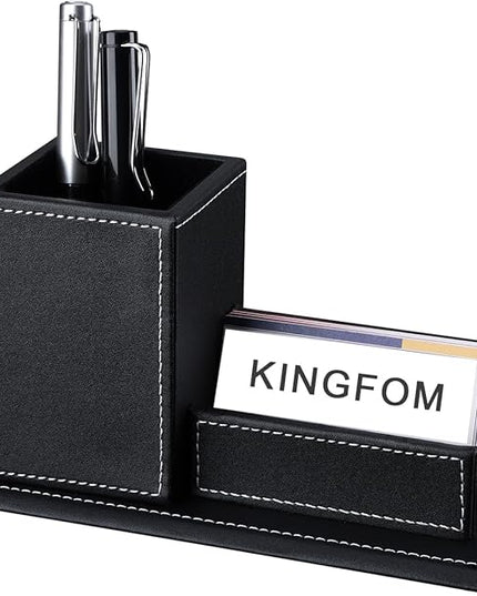 KINGFOM PU Leather Desk Organizer and Accessories, Pencil Holder for Desk with Business Cards Stand, School Office Supplies Collection Caddy Black
