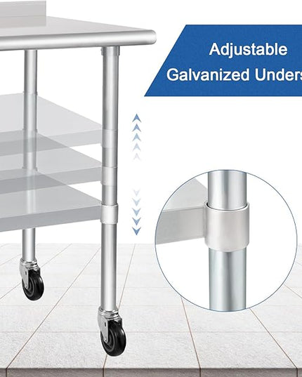 HARDURA Stainless Steel Table 30 x 36 Inches with Wheels Casters NSF Heavy Duty Commercial Prep Table with 2” Backsplash and Adjustable Undershelf for Restaurant Kitchen Home and Hotel
