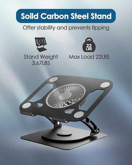 SHUWEI Laptop Cooling Stand with Detachable Desk Fan, Adjustable Height & Angle, 360 Rotating Base, Carbon Steel Framework, Ultra-Quiet & Super Sturdy for up to 16”Laptop-Black