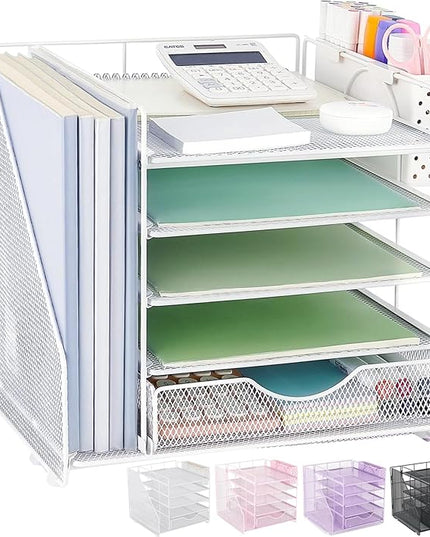 OUTIOE Desk Organizer with Drawer and Pen Holder, 5-Tier Paper Letter Tray Organizer with File Holder, Suitable for Workspace Organizer Office Supplies Storage (White)