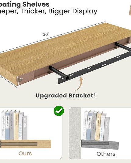 Heimlove 12" Deep Floating Shelves, 36 x 12 Inch Wall Mounted Long Floating Shelf with Invisible Brackets, for Home Decor, Bedroom, Kitchen, Living Room, Bathroom - 2 Pack, Oak
