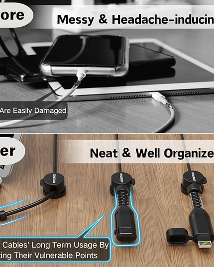 6 Desktop Cord Organizer Magnetic Spring Cable Clips Rotatable Cord Holder 2 Charging Cord Protecors for Nightstand Phone Charger Organizer Computer Desk Cable Management Appliance Adhesive Wire Strap