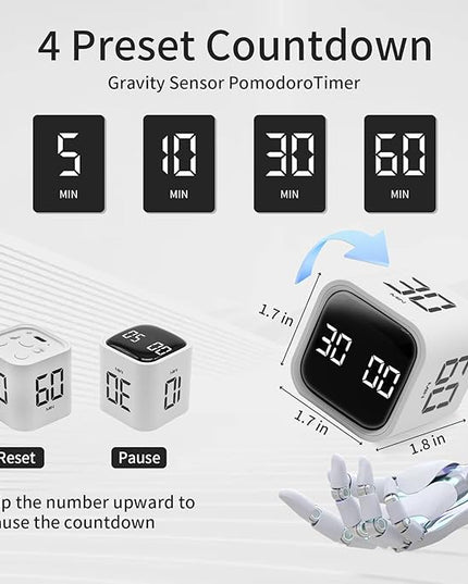 Productivity Timer Flip Gravity Sensor Cube Timer Countdown & Countup,Mute & Vibrate & Sound，5/10/30/60min & Custom Timing, Perfect for ADHD,Work,Learning,Kitchen Cooking (2 White)