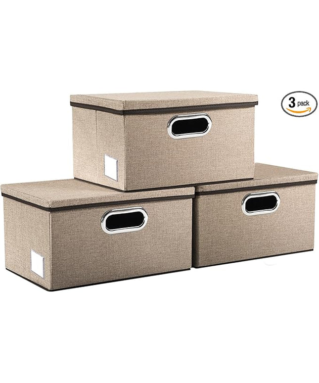 PRANDOM Storage Bins with Lids [3-Pack] Jute Fabric Foldable Storage Boxes Organizer Containers Baskets Cube with Cover for Home Bedroom Closet Office Nursery khaki（11.4X8.6X6.7