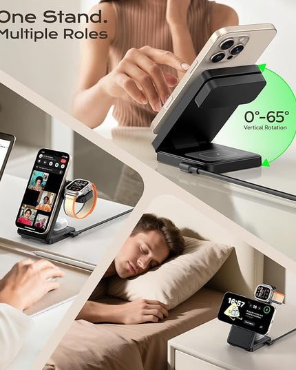 3 in 1 Magnetic Charging Station, 15W Fast Wireless Charger Compatible with MagSafe Charger Stand for iPhone 17 16 15 14 13 12, Apple Watch Charger & AirPods, Foldable Travel Charging Dock, Black