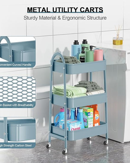 3 Tier Utility Rolling Cart, EAGMAK Metal Storage Cart with Handle and Lockable Wheels, Multifunctional Storage Organizer Trolley with Mesh Baskets for Kitchen, Living Room, Office, Garage (Blue)