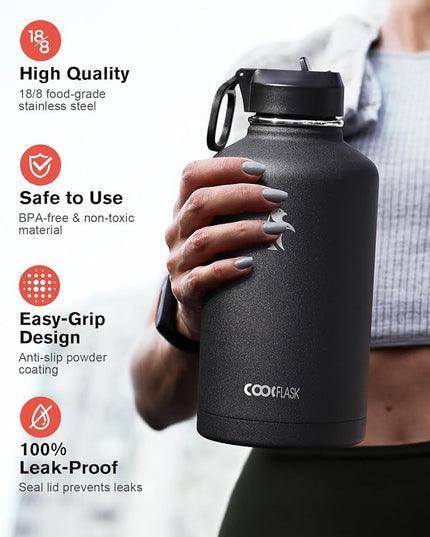 64 oz Water Bottle Insulated with Straw & 3 Lids, Coolflask Large Metal Stainless Steel Water Jug Big Half Gallon Wide Mouth for Sports, Gym or Office, Non-BPA Keep Cold 48H Hot 24H, Magic Black