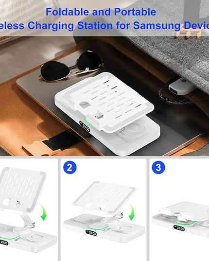 30W Tablet Wireless Charger for Samsung, Foldable Android Charging Station with Clock Display with 7-Color Light, Wireless Watch Charger for S25, Only Compatible Samsung Watch, Galaxy Buds3 Pro(White