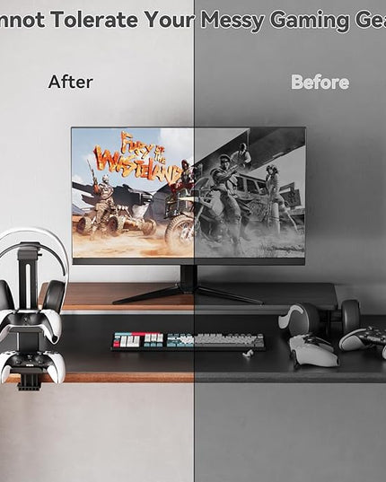 Controller Holder & Headphone Stand Under Desk with Adjustable Clamp, Controller Stand & Headset hanger for Desk Mount with 360° Rotating Hook & Cable Organizer 3-in-1 Game Organizer, PC Game Headsets