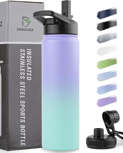 DOMICARE Insulated Water Bottle, 22 oz Vacuum Insulated Stainless Steel Reusable Sports Bottle with Straw Lid & Spout Lid for Travel, Camping, Bike, Leakproof, Purple/Green, 1 Pack
