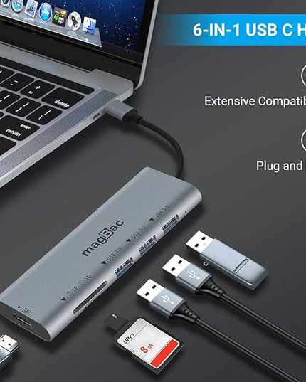 MagBac Laptop Docking Station 6 Ports USB C HUB with 3 USB-A 3.0,4K HDMI Port, SD/TF Card Slot for MacBook Pro/Air, Dell, HP, Lenovo with Full-Featured Type-C or Thunderbolt 3/4/5 Port