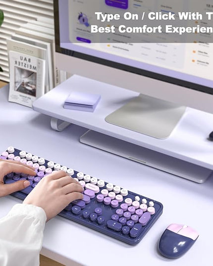 MOFII Wireless Keyboard and Mouse Combo, Full Size 2.4G Plug and Play Typewriter Retro Round Computer Keyboard and Mouse Set for Windows, Computer, Desktop, PC, Notebook - (Purple Gradient)