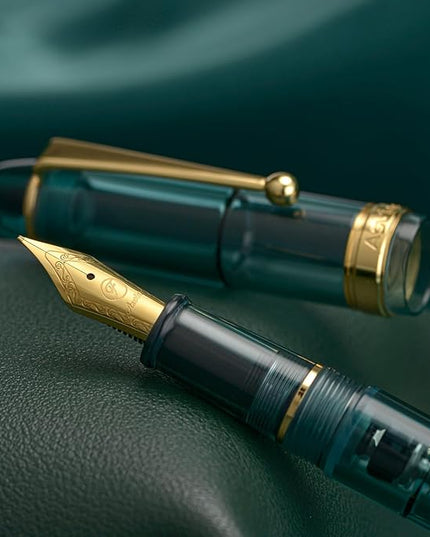 Asvine V126 Vacuum Filling Fountain Pen Transparent Teal Acrylic, Medium Nib Large-Capacity with Gift Case