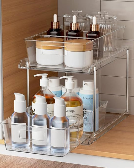 Pull-Out Home Organizers, 2 Tier Clear Bathroom Organizer with Dividers, Multipurpose Vanity Counter Tray, Kitchen, Closet Organizers and Storage Container Bins for Cabinet, Pantry