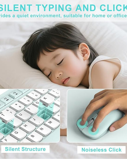 Silent Keyboard and Mouse Combo Wireless,ful-Sized Wireless Keyboard and Adjustable DPI Mouse, 2.4GHz USB Receiver, Keyboard and Mouse for PC, Windows, MAC, Desktop, Laptop (Mint Green-B)