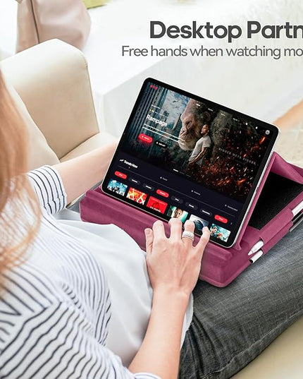 KDD Tablet Pillow Stand, Multi-Angle Viewing Ipad Holder for Lap, Bed and Desk, Foldable Soft Pad Dock with Stylus Mount Compatible with Ipad Pro 12.9, 10.5, 11, Air, Mini, Phones, Books, E-Reader
