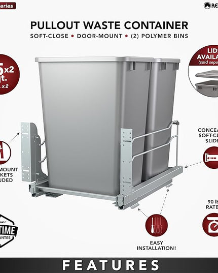 Rev-A-Shelf Double Pullout for Under Kitchen Cabinets 35 Quart 8.75 Gallon with Soft-Close Slides, Metallic Silver, 53WC-1835SCDM-217