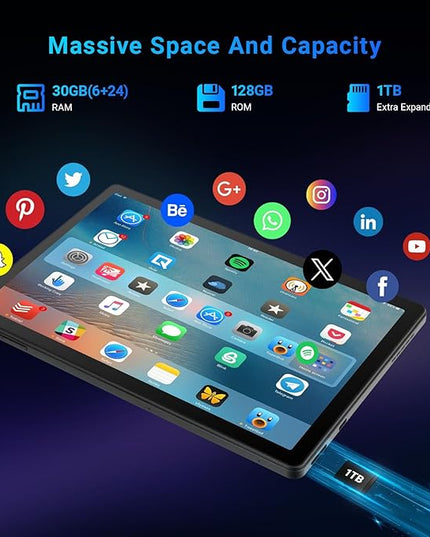 Tablet, 10 inch tablet Android 15 with Octa-core Processor, 30GB+128GB+1TB Expand, 6200mAh, 15W Fast Charge, 1280x800 HD IPS Screen, WiFi 6, BT 5.4, Dual Camera, Widevine L1 support, GMS Certified