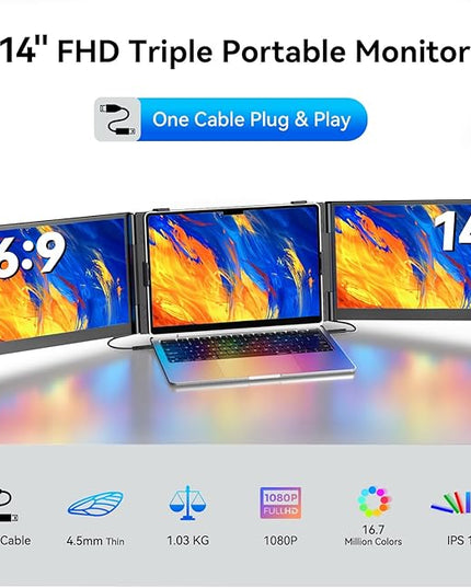 Larksmile Triple Screen Laptop Monitor Extender, One Cable Setup 14-inch IPS Triple Monitor, FHD 1080P Extra Multi-Screen Attachment, Portable Travel External Display for Laptop Mac Windows