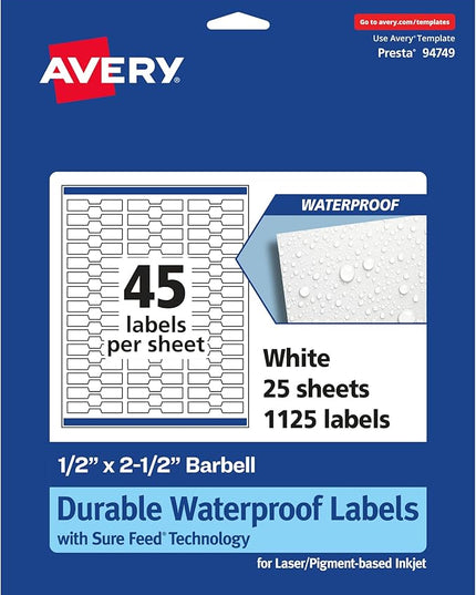Avery Printable Durable White Barbell Labels, Sure Feed Technology, 0.5" x 2.5", Waterproof Labels, Laser & Pigment-Based Inkjet Compatible, 1125 Total