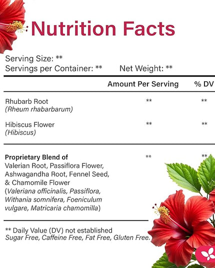 FreshDrinkUS, 40 Tea Bags - Menopause Support Herbal Tea – Soothing Blend with Rhubarb, Hibiscus, Valerian, Passiflora, Ashwagandha, Fennel & Chamomile, Caffeine-Free, Vegan, Non-GMO