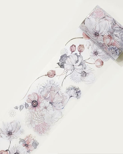 WT Frostbloom Wide PET Tape, Single Roll, Original Floral Designs, Winter Flowers, Clear Transparent Adhesive Tape for Junk Journals, Scrapbooks, Bujo, Planners, DIY Crafts, Art Stationery