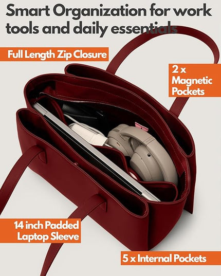 Work Tote Bags for Women 14 Inch - Work Bag Laptop Bag with Zip Compartments - Large PU Leather Office Computer Briefcase