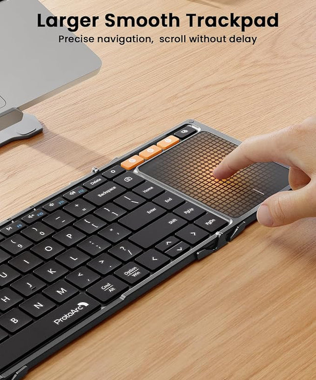 ProtoArc Foldable Keyboard with Touchpad, XK01 TP Folding Portable Keyboard, Full Size Keys, Large Trackpad Bluetooth Travel Keyboards for Laptop PC Tablet - Black Gray