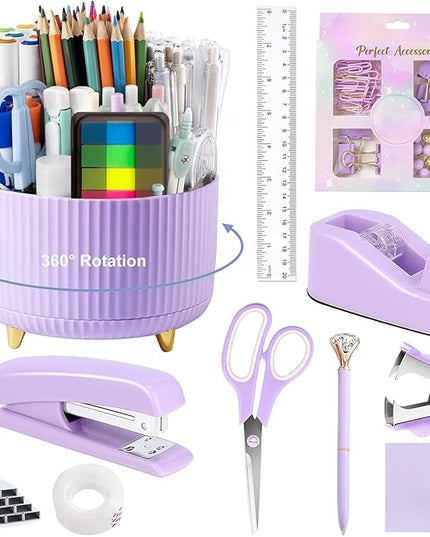 suniya Office Supplies,Desk Accessories,with Stapler,Tape Dispenser,Staple Remover,Scissor,Ballpoint Pen,Sticky Notes,Clear Tape,Staples,Desk Organizer,Ruler,Binder,Best Gift Set(Purple)