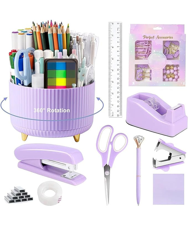 suniya Office Supplies,Desk Accessories,with Stapler,Tape Dispenser,Staple Remover,Scissor,Ballpoint Pen,Sticky Notes,Clear Tape,Staples,Desk Organizer,Ruler,Binder,Best Gift Set(Purple)