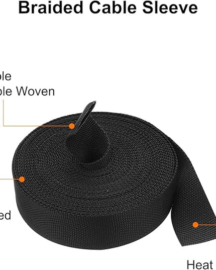 MECCANIXITY Braided Cable Sleeves Heat Shrinkable Fabric Sleeving, 7/8" 33ft Black 2:1 Ratio Heat Shrinkable Cord Protector for Harness Cable, Network Cable Protection, Cable Management