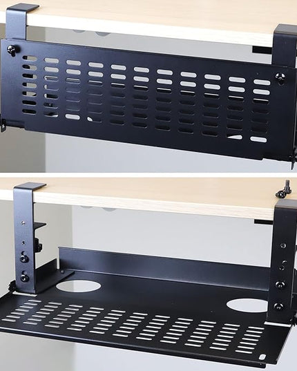 AEONS Universal Under Desk Cable Management Tray-Clamp Mount Hinged Swing Modesty Panel Organizer for Office Desks, Easy Access Flip-Down Position Power Strip Cord Storage No-Drill, 25 lb Capacity