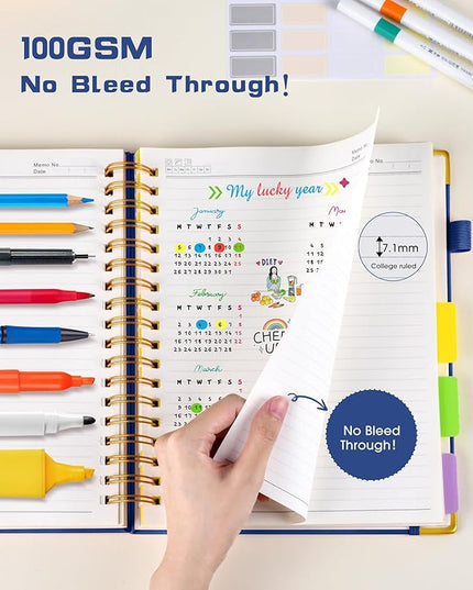 Hardcover Spiral Notebook journal with Removable Dividers Tabs, 300 Pages Leather 5 Subject Notebook College Ruled, 8"x10" Large B5 Notebooks for Work School Note taking, Lined Journal for Women,Navy