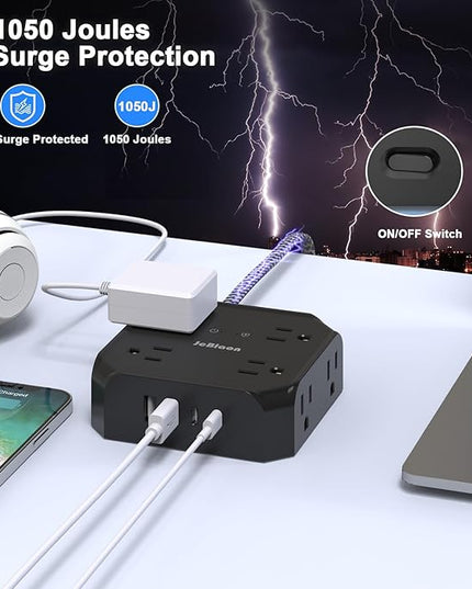 Surge Protector Power Strip-15 Ft Flat Plug Extension Cord with 8 Widely Outlets and 4 USB Ports(2 USB C) Multi Plug Outlet Extender for Office, School, Travel and Dorm Room Essentials-Black