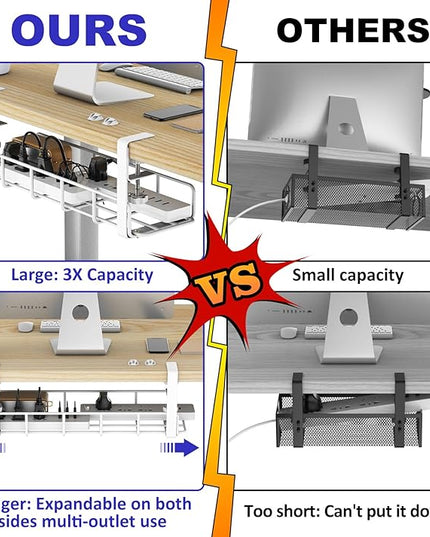 15.7” Under Desk Cable Management Tray, No Drill Steel Cable Tray Organizers, Wire Management Tray Cable Rack with Clamp Mount, Metal Under Desk Tray with Wire and Cord Organizer (White, 1 Pack)