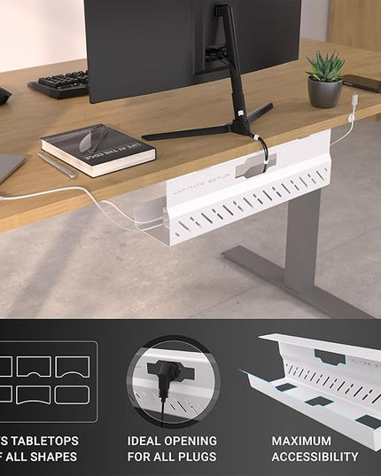 Under Desk Cable Management Tray no Drill – Wire Management - Cord Organizer – Huge Load Capacity – Under Desk Cable Tray no Drill (White, 1 Piece Set)