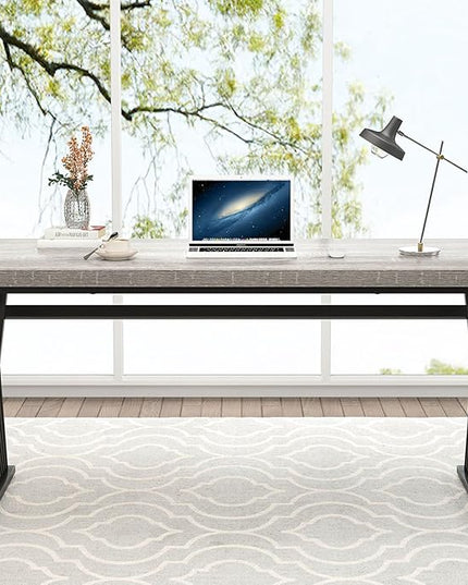 FOLUBAN Modern Desk, Rustic Wood and Metal Computer Desks for Home Office, Simple Study Writing Work Table for Bedroom Living Room, Light Grey, 60 Inch