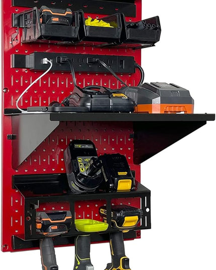 Wall Control Power Tool Storage Organizer Kit Cordless Drill Holder Charging Station Rack 16” x 32” Metal Pegboard Organization System (Red Pegboard)