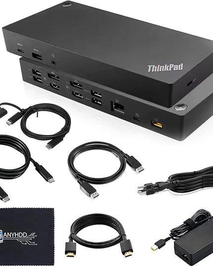 Lenovo 40AF0135US Thinkpad Docking Station Dual Monitor Hybrid USB-C with USB-A - 1 Year Warranty, with 135W Adapter + HDMI Cable + DisplayPort Cable + USB-C Cable + Microfiber Cloth (Renewed)