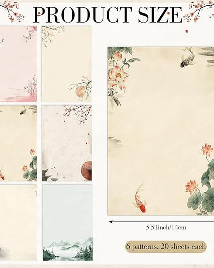 Supervitae 120 Sheet Japanese Stationery Paper for Letter Writing Scrapbook Paper Crafting Printing, 8.27" x 5.51", Double Sided Printing, 6 Watercolor Designs