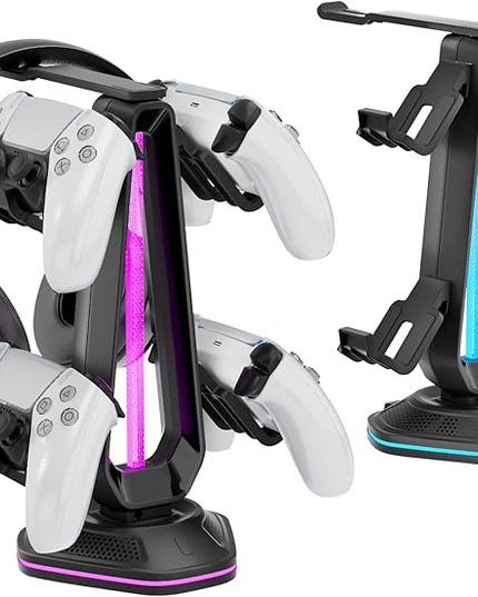 Saitake RGB Controller Holder with 9 Light Modes,Controller Stand with 2 USB Ports,Headset Stand for Desk-Headphone Holder Suitable for All Headphones and Controllers
