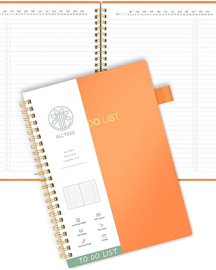 ALLTREE To Do List Notepad Spiral Planner, Daily Task Tracker with Wide lined Notebooks, Work Planner with Pocket, Pen Loop, 160 Pages, Orange (5.5"x8.5")